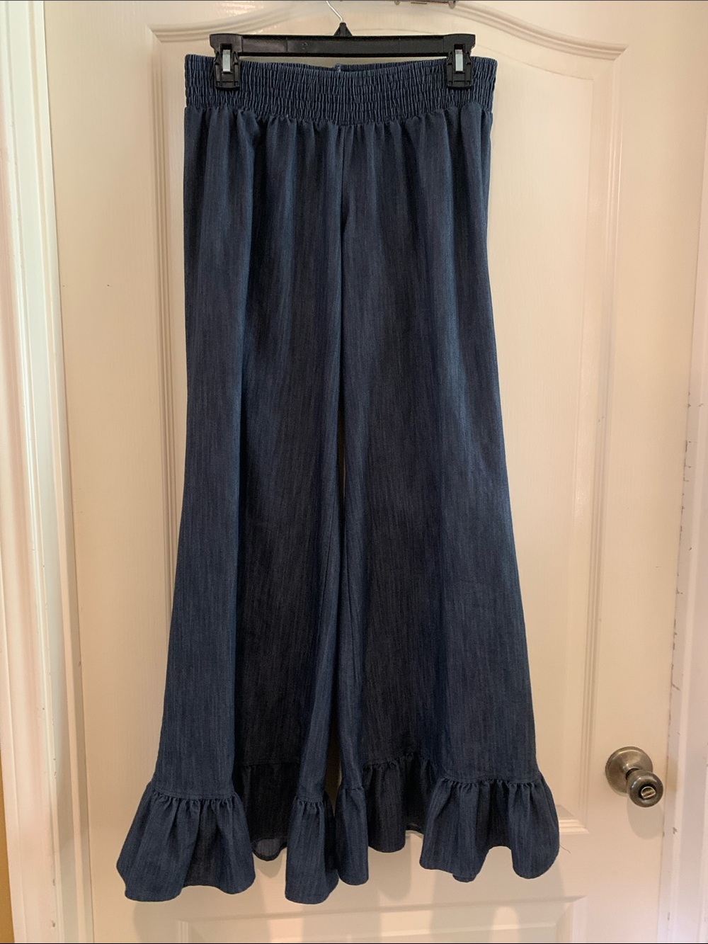 Smocked Waist Dark Denim Wide-Leg Ruffle Hem Pants